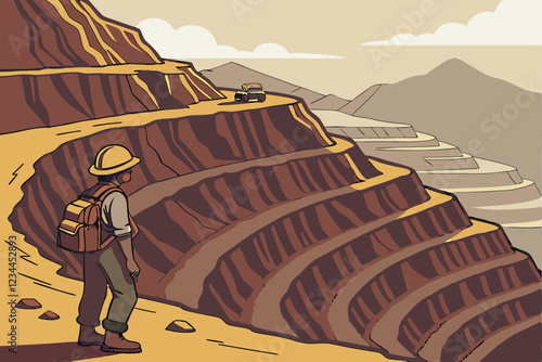 massive open-pit mine, terraced mountainside, industrial mining landscape, lone worker with hardhat and backpack, panoramic vista, rugged terrain, earth tones, dramatic scale, environmental impact,