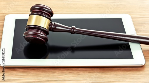 Digital Justice Concept with Gavel and Tablet on Wooden Background