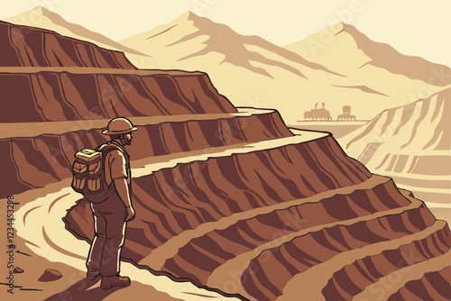 massive open-pit mine, terraced mountainside, industrial mining landscape, lone worker with hardhat and backpack, panoramic vista, rugged terrain, earth tones, dramatic scale, environmental impact,
