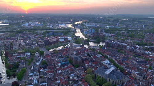 Zwolle, City in the Netherlands at Evening time. Aerial of the medieval Peperbus tower and citycenter during sunset. photo