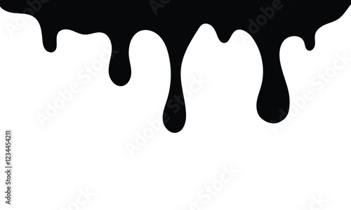 Black dripping oil stain, melt drips , liquid, isolated on transparent background. Black chocolate melt liquid splash border. Vector drip graffiti paint seamless pattern.	
