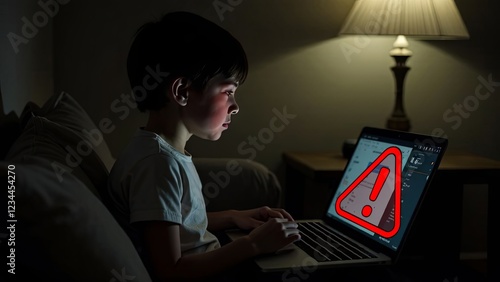 The child is sitting at the computer in the evening, there is an alert on the screen that there is no Internet, the limit for children is set by parental control over Internet time.