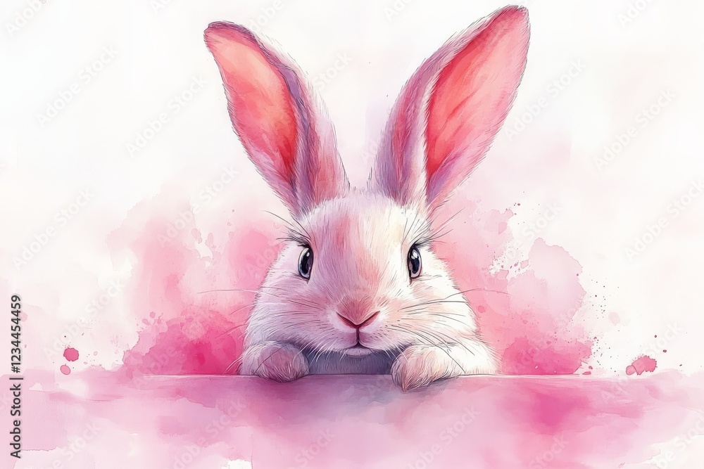 Fototapeta premium Cute rabbit with big ears looking curiously at the viewer in a soft pink background