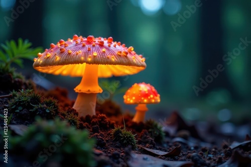 Luminous fungi glowing softly in the forest undergrowth, forest floor, mycelium photo