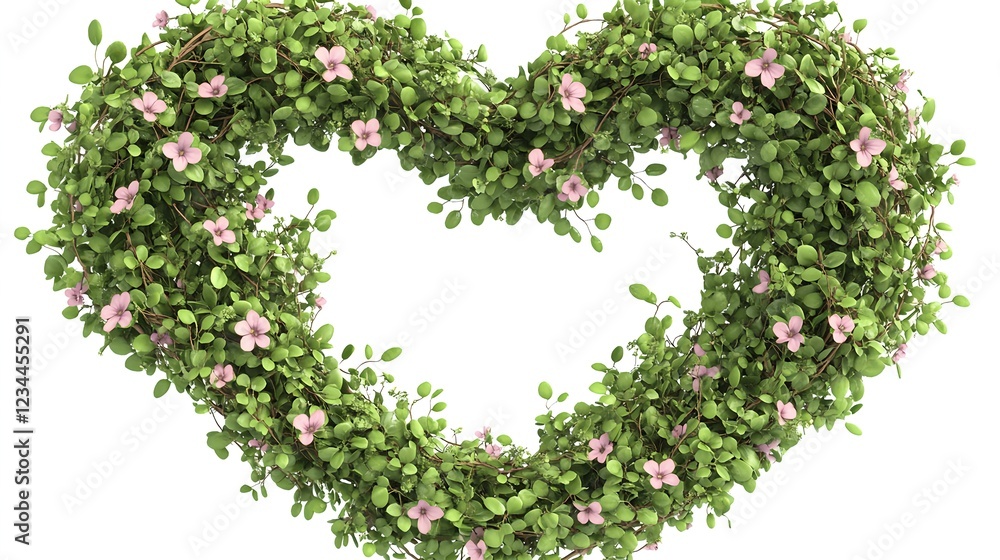 Heart Shaped Wreath of Flowers and Vines on White Background Heart Shaped Wreath of Flowers and Vines on White Background