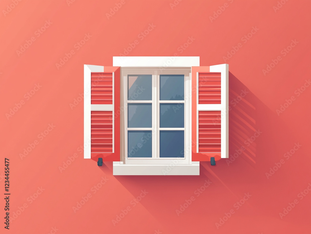 A yellow-framed window with open shutters. The window has glass panes and casts a shadow on a light plain wall. A yellow-framed window with open shutters. The window has glass panes and casts a shadow on a light plain wall.
