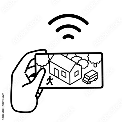 Illustration of an intruder checking the video captured from a smartphone. Images of security cameras, CCTV, network cameras, smart cameras, and home security solutions.
