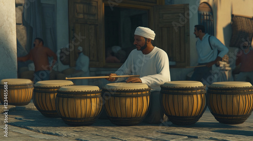 traditional middle eastern darbuka player performing in vibrant arabic marketplace with authentic percussion instruments and cultural music influences in 3d rendered digital painting photo