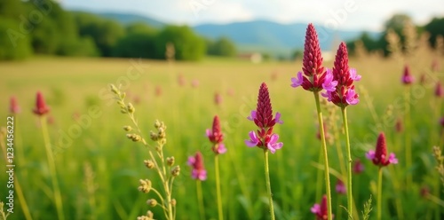 Reddish tufted vetch flowers in a meadow landscape, plant, greenery, landscape photo