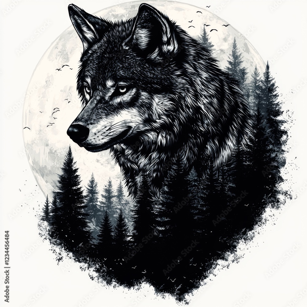Fototapeta premium Majestic Wolf Silhouette Surrounded by Forest and Full Moon in Artistic Black and White Illustration
