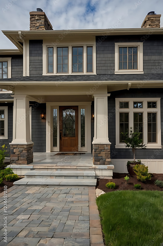 Elegant Modern Home Exterior: Gray Siding, Stone Accents, and Landscaped Entrance Elegant Modern Home Exterior: Gray Siding, Stone Accents, and Landscaped Entrance