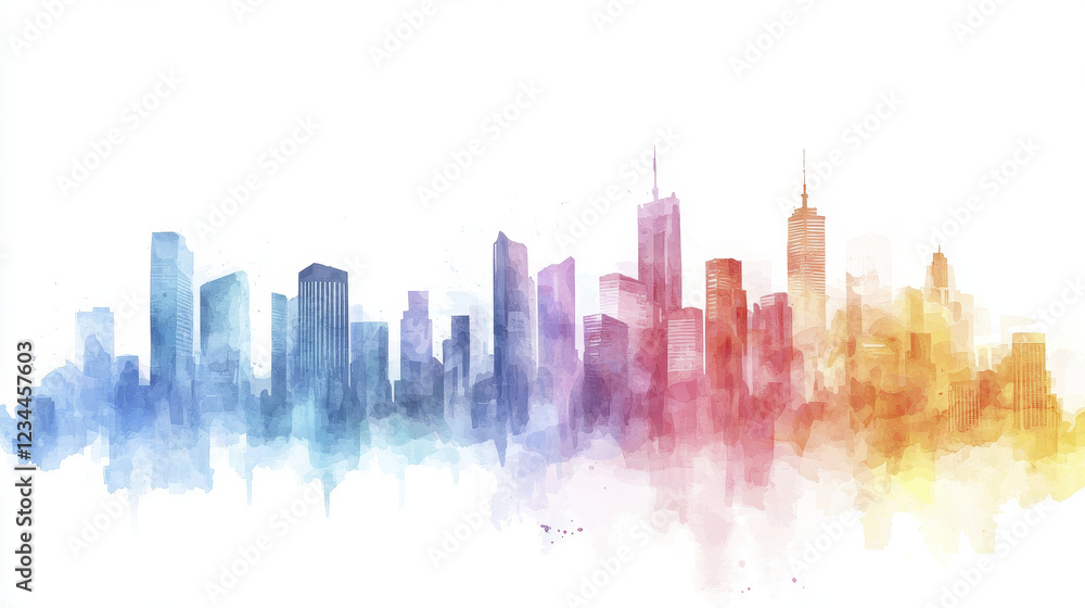 Obraz premium vibrant watercolor skyline illustration featuring colorful buildings in blue, pink, and orange hues, creating lively urban atmosphere