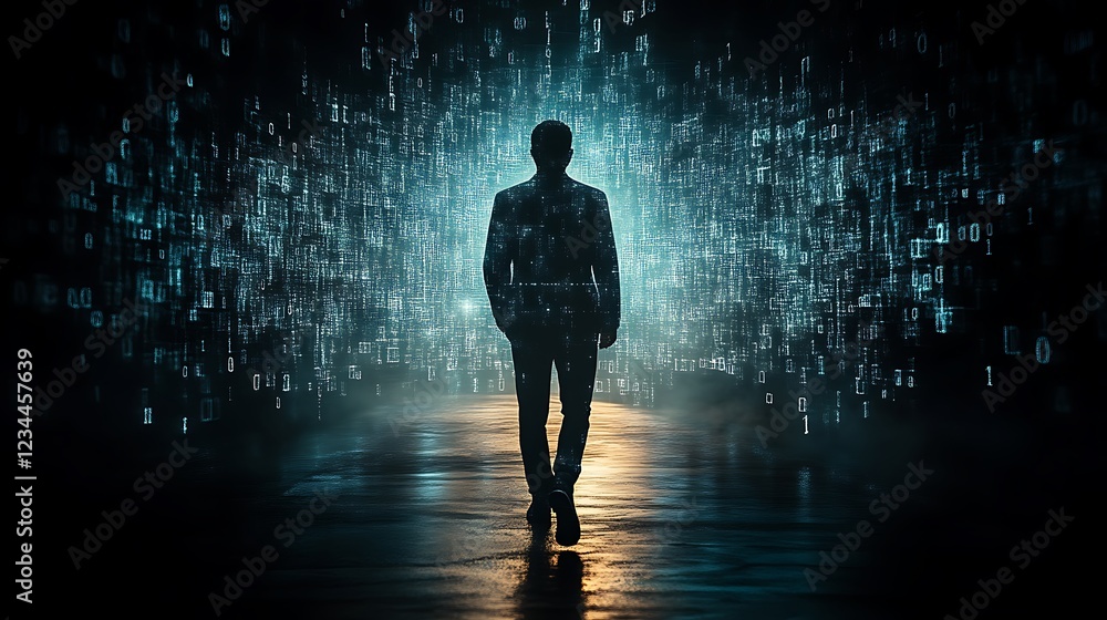 A silhouette of a person walking through a corridor of digital data and binary code A silhouette of a person walking through a corridor of digital data and binary code