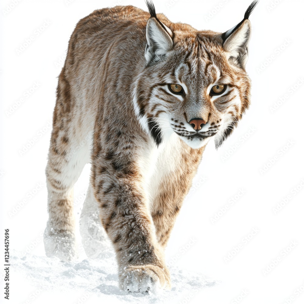Fototapeta premium Majestic Lynx Walking Through Snowy Landscape in Winter, Capturing the Beauty of North American Wildlife
