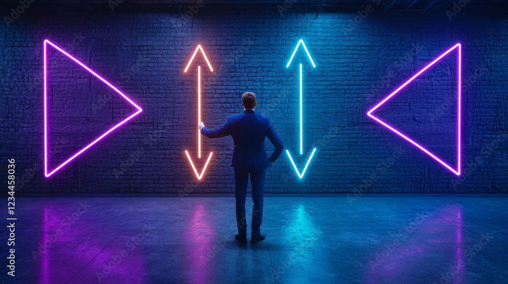man in suit stands in front of neon arrows on brick wall, contemplating direction man in suit stands in front of neon arrows on brick wall, contemplating direction