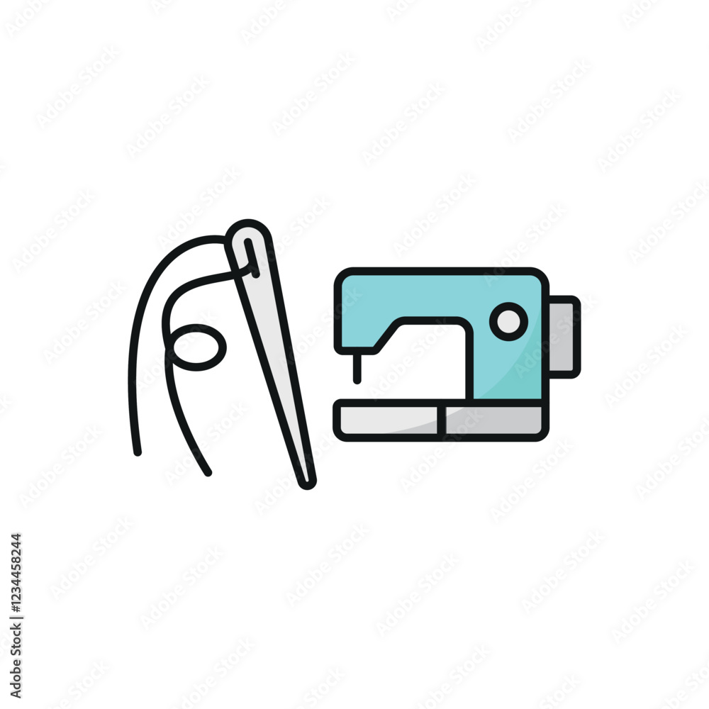 Sewing machine and needle and thread set icon featuring a sleek and professional look, ideal for sewing workshops, clothing brands, and DIY craft projects. Sewing machine and needle and thread set icon featuring a sleek and professional look, ideal for sewing workshops, clothing brands, and DIY craft projects.