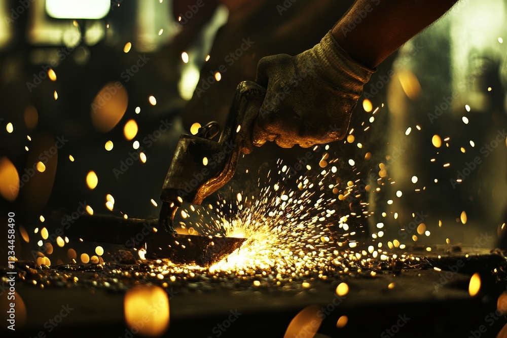 Artistically Crafted Sparks from Hot Metal in a Workshop Environment Artistically Crafted Sparks from Hot Metal in a Workshop Environment