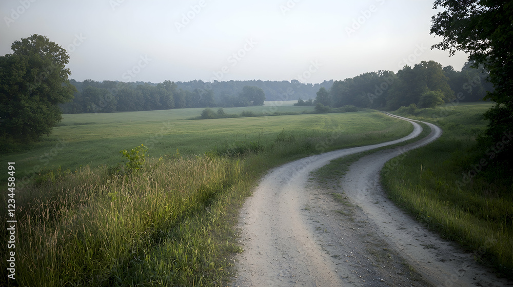 Winding country road through green field at dawn, peaceful rural landscape, travel imagery