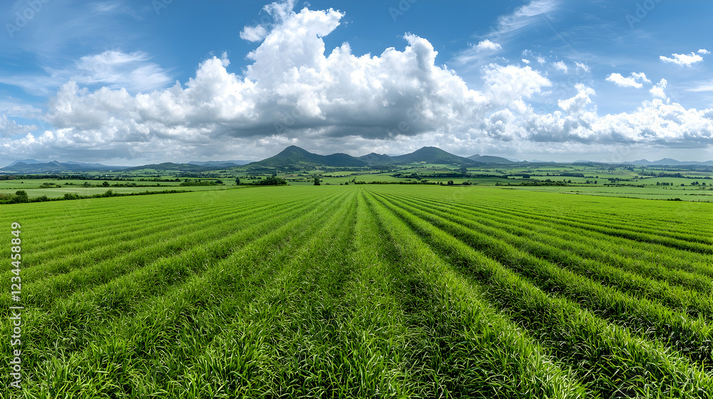 Lush green sugarcane field, rolling hills, sunny day, panoramic view, agriculture Lush green sugarcane field, rolling hills, sunny day, panoramic view, agriculture