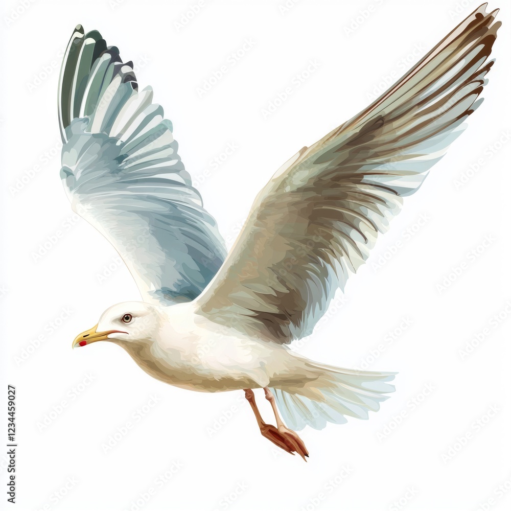 Obraz premium Graceful Seagull Soaring in the Sky with Detailed Feather Patterns and Vibrant Colors