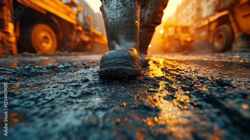 Close-up of a worker's muddy boot stepping through a construction site at sunset, with machinery in the background photo