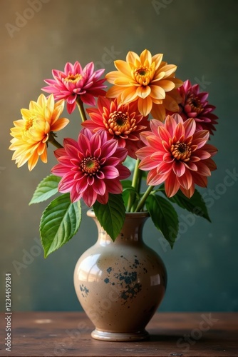 Wallpaper Mural Warm golden light on colorful dahlias in a vintage vase, botanical, arrangement, flowers Torontodigital.ca
