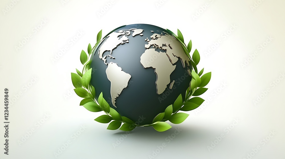 Stylized Earth Globe Surrounded by Green Leaves on a Plain Background Concept Stylized Earth Globe Surrounded by Green Leaves on a Plain Background Concept
