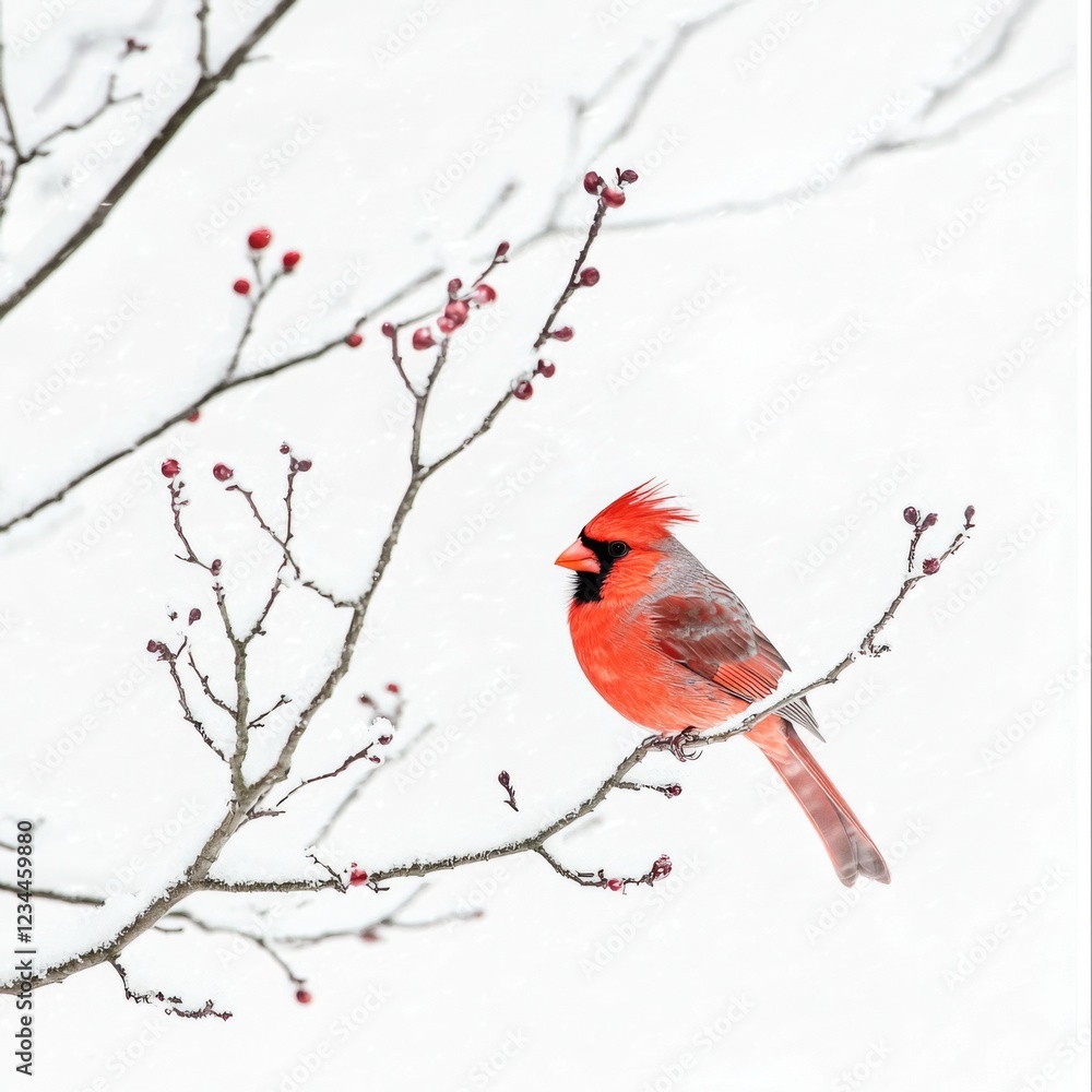 Vibrant Cardinal Bird Perched on Bare Branches with Bright Red Berries Against a Soft Snowy Background Vibrant Cardinal Bird Perched on Bare Branches with Bright Red Berries Against a Soft Snowy Background