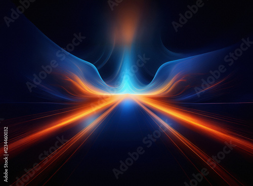 Abstract digital art depicting a vibrant, symmetrical light show.  Blue and orange hues converge, creating a dynamic, futuristic energy.  The perspective suggests movement and depth.