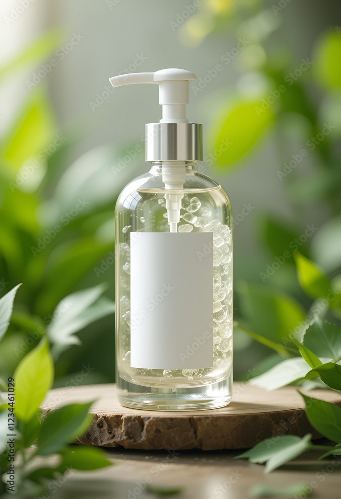 A clear glass bottle with a dispenser, filled with liquid, sits on a marble countertop surrounded by green plants. The bottle has a minimalist design and the background is slightly out of focus. A clear glass bottle with a dispenser, filled with liquid, sits on a marble countertop surrounded by green plants. The bottle has a minimalist design and the background is slightly out of focus.