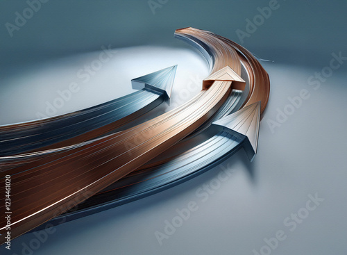 Three metallic arrows curve and intertwine, suggesting cyclical progress and interconnected growth.  The arrows are rendered in shades of copper and silver against a muted background.