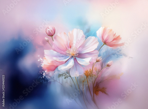 Soft pastel blossoms, delicate petals, and blurred background create a serene floral painting.  The colors are dreamy and romantic, evoking a sense of peace.