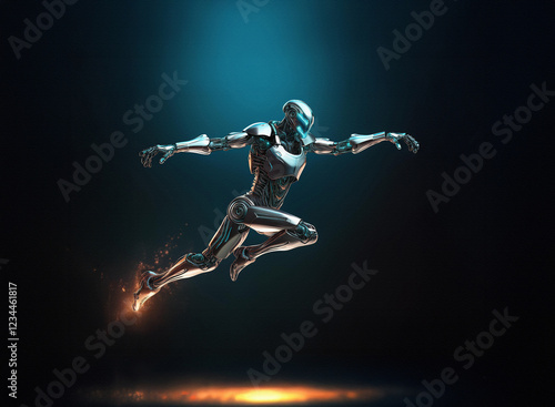 A chrome robot leaps forward, propelled by fiery energy, its metallic form gleaming under a dramatic blue light.  The pose suggests speed and power. photo