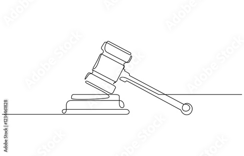 Judge hammer one continuous single line art drawing, One line drawing of judge hammer law symbol continuous hand drawn sketch minimalist design vector illustration.