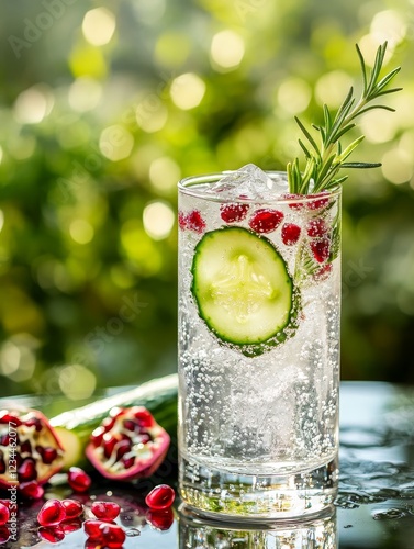 Gin with soda coctail garnished with cucumber slice, rosemary twig and pomegranate seeds