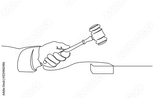 Continuous line drawing of the judge's hand tapping the gavel.one line drawing, One continuous single drawing line art flat doodle judge, court, gavel, law, legal, justice, hammer, gavel in the judge.