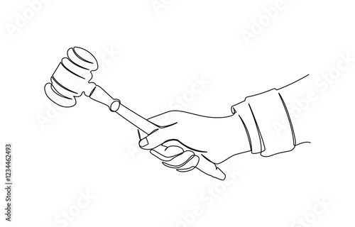 Continuous line drawing of the judge's hand tapping the gavel.one line drawing, One continuous single drawing line art flat doodle judge, court, gavel, law, legal, justice, hammer, gavel in the judge.