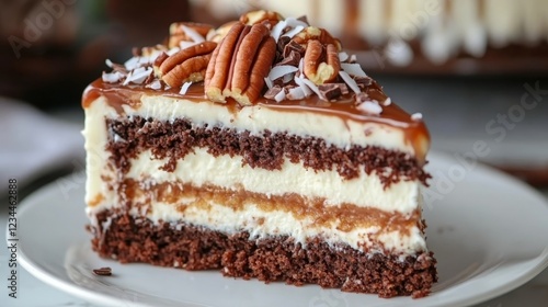 Slice of pecan and chocolate cake
