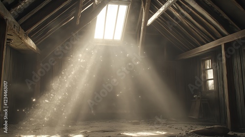Dusty Attic with Sunlight Streaming Through the Roof Skylight
