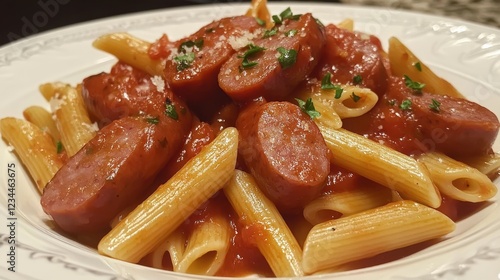 Penne pasta with kielbasa sausage slices