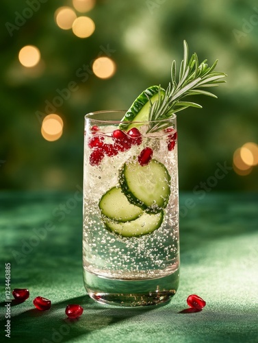 Gin with soda coctail garnished with cucumber slice, rosemary twig and pomegranate seeds