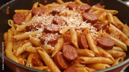 Penne pasta with kielbasa sausage slices