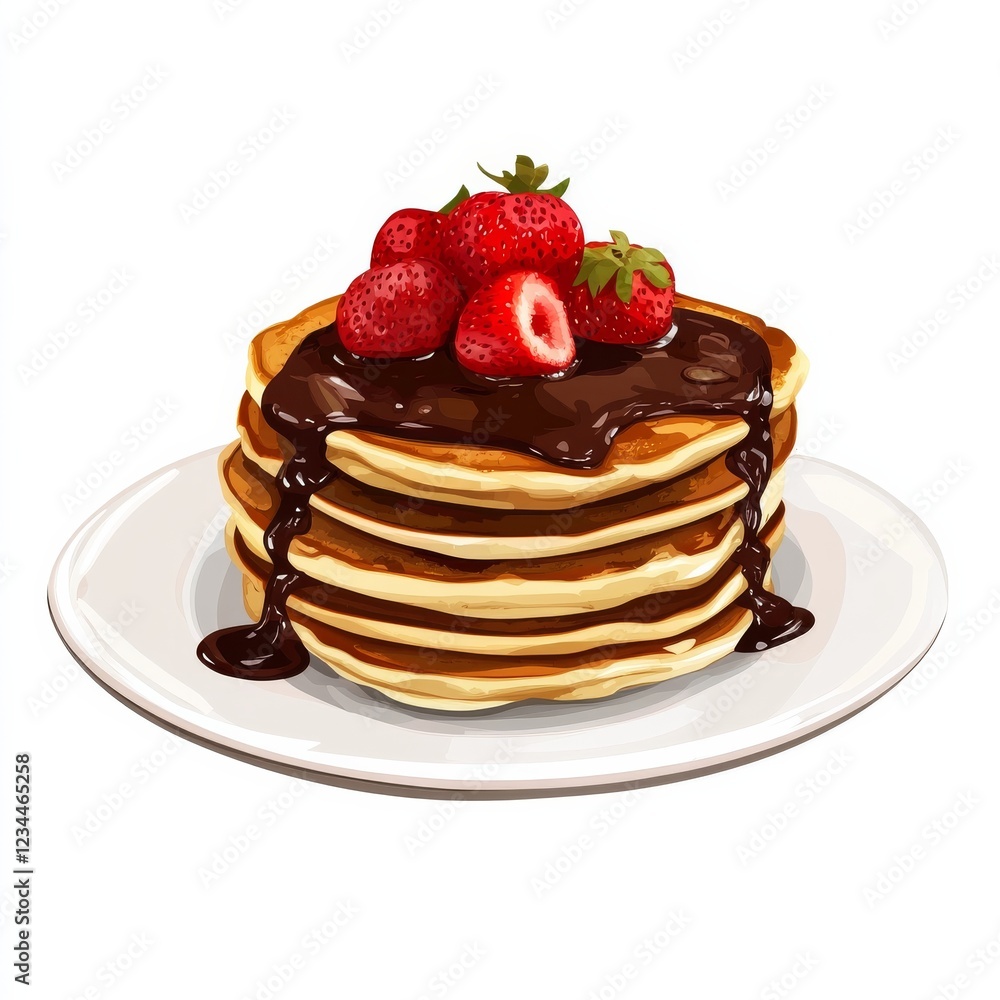 A stack of fluffy pancakes with chocolate sauce and strawberries, isolated white background, pop art style A stack of fluffy pancakes with chocolate sauce and strawberries, isolated white background, pop art style