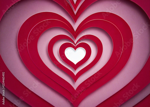 paper cut heart tunnel, Layered paper red heart. 3d abstract paper cut illustration of red heart shape.  minimal background. Vector Illustration.