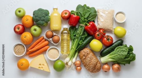 Fototapeta Naklejka Na Ścianę i Meble -  Healthy Grocery Delivery Flatlay with Fresh Produce and Grains