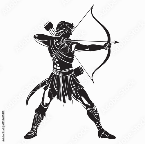 A Greek Archer with Bow and Arrow Silhouette vector isolated on white background.