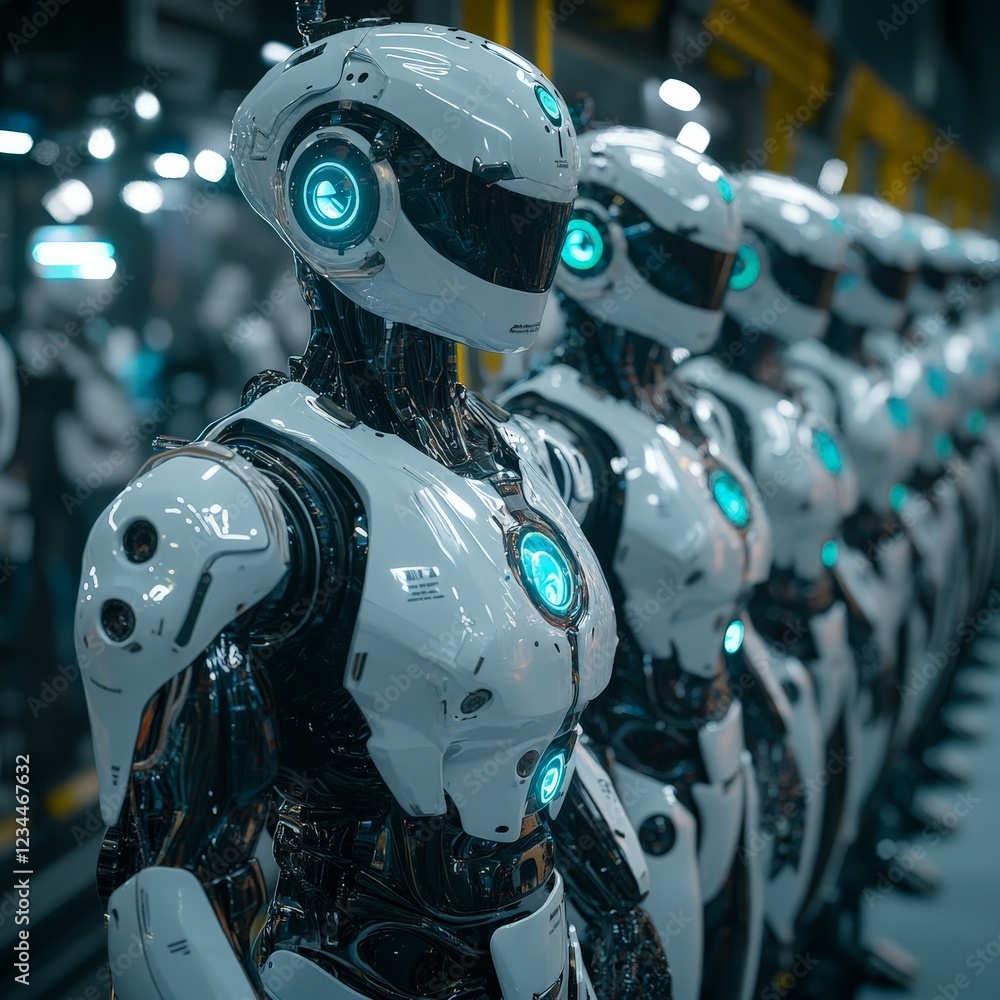 Rows of futuristic robots standing in formation, symbolizing AI or automation. Perfect for technology and sci-fi themes. Rows of futuristic robots standing in formation, symbolizing AI or automation. Perfect for technology and sci-fi themes.