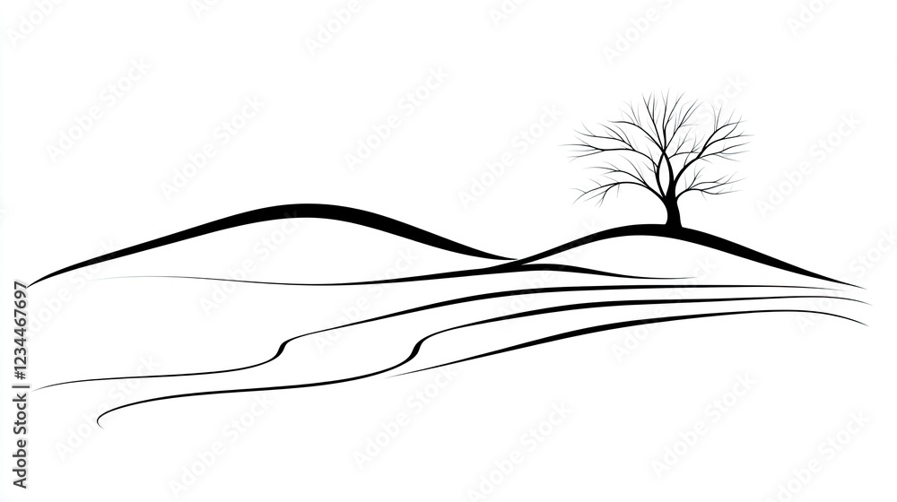 Fototapeta premium Minimalist winter landscape illustration lone tree on hill, flowing lines, white background, design element