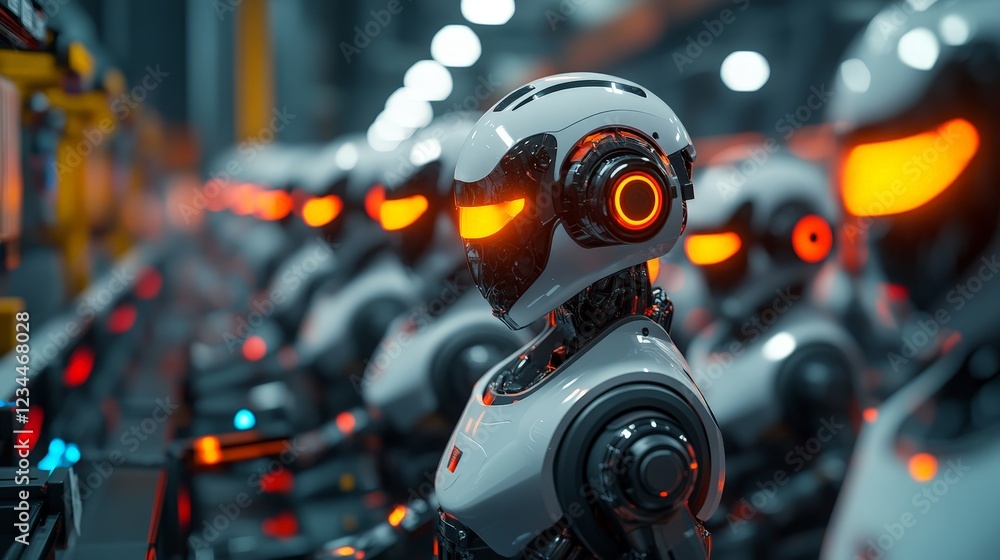 Fototapeta premium Rows of futuristic robots standing in formation, symbolizing AI or automation. Perfect for technology and sci-fi themes.