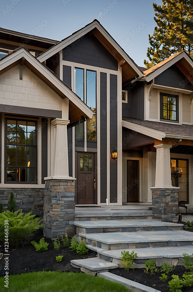 Obraz premium Modern Luxury Home Exterior with Stone and Wood Accents. Contemporary Architecture, Residential Design, Real Estate